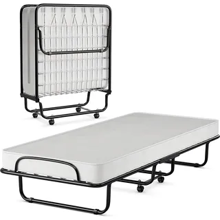 COSTWAY 80x190cm Gästebett mit 10cm Matratze aus Memoryschaum, Einzelbett bis 120kg belastbar auf Rädern, Metallbett Klappbett tragbar für Büro & Gästezimmer - Schwarz, Weiß