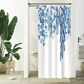 Uiiooazy Duschvorhang 90x180cm Anti Schimmel Eukalyptus Blau Blätter Blumen | Duschvorhang Blau Marine Pflanzen Wasserdicht Waschbar Stoff Polyester Bad Vorhang mit 6 Haken für Badezimmer Badewanne