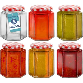 HEFTMAN 480ml Marmeladengläser Klein, 6 Stück - Einmachgläser mit Deckel | Verwendung als Einleggläser, luftdichte Gläser mit rotem Gingham-Deckel für Kerzenherstellung, Einmachglas, Sechseckige