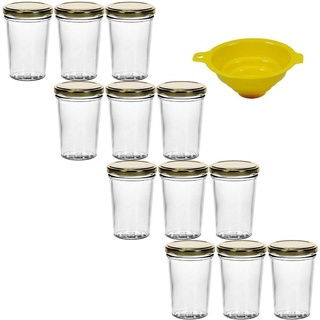 Viva Haushaltswaren - 12 x kleines Becherglas / Marmeladenglas 150 ml mit goldfarbenem Deckel, Vorratsdosen Set als Einmachgläser, Gewürzgläser, für Kuchen im Glas etc. verwendbar (inkl. Trichter)