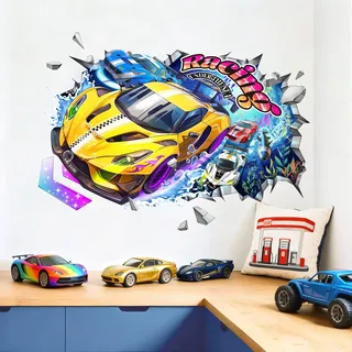 Tanlaby 3D Auto Wandtattoo Rennwagen Wandsticker Unterwasser Rennstrecke Zerbrochene Wand Wandaufkleber für Kinderzimmer Jungen, Babyzimmer und Jugendzimmer Wohnzimmer Schlafzimmer Wanddeko
