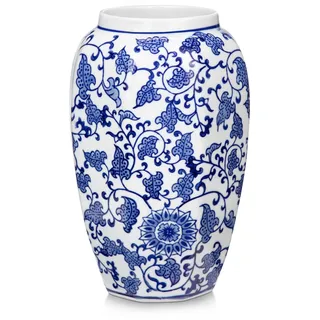Keramik Vase Weiß und Blau für Blumendekoration Blumenvasen Deko Vase für Pampasgras Blumen, Tischdeko, Trockenblumen Deko Vasen für Wohnzimmer, Bürodeko, Modernes Dekoratives Vasen