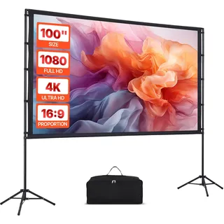 Vevor Projektionsleinwand (100 Zoll) mit 160° Weitwinkel & Doppelstativ, Beamerleinwand für Projektor innen & außen 16:9 4K HD, tragbare Filmleinwand mit Tragetasche für Heimkino Präsentation