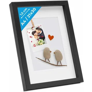 PHOTOLINI 3D Bilderrahmen zum Befüllen 21x30 A4 Schwarz, 1,5 cm tiefer Objektrahmen mit Glas, tiefer Bilderrahmen A4 21x30 Holz MDF mit Passepartout, Dicker 3D Rahmen befüllbar für Gegenstände