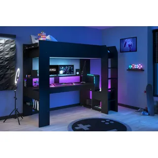 Parisot Hochbett Gaming Online 1 mit Schreibtisch, USB Anschluss, LED, viel Stauraum«, ideal für kleine Räume, TOPSELLER!, schwarz