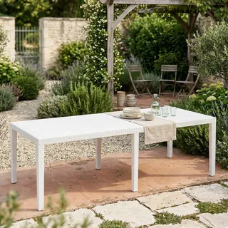 Dmora - Außentisch Roma, ausziehbares rechteckiges Esszimmerregal, ausziehbarer Gartentisch in Rattanoptik, 100 % Made in Italy, 150/220 x 90 x 72 cm, Weiß