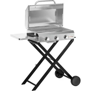 3 Brenner Gas Grillwagen | BBQ Gasgrill mit Grillrost | 7Kw | Grillfläche 56,5×34cm | mit Seitentischen, Faltbarem Rollwagen, Rollen, Thermometer | für Outdoor Camping Balkon Garten