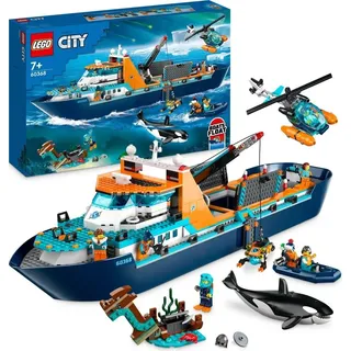 LEGO 60368 City Arktis-Forschungsschiff, großes schwimmfähiges Spielzeug-Boot mit Hubschrauber, Beiboot, ROV-U-Boot, Wikingerschiffswrack, 7 Minifigur - Bronze