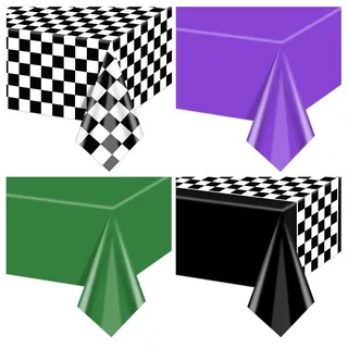 4 Stück Rennwagen schwarz-weiß Karierte Tischdecken – 51 x 86,6" grüne und Violette LKW-Plastiktischdecke, rechteckige Monster-Truck-Tischdekorationen für Kinder, Babyparty, Geburtstagsparty-Zubehör