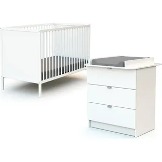 WEBABY - Duo aus Babybett und Kommode Weiß | 60x120 Bett | Verstellbarer Lattenrost in 3 Höhen | Kommode mit 3 Schubladen | Abnehmbarer Wickeltisch inklusive - Weiß