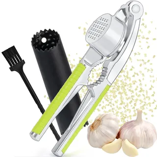 HUDDU Knoblauchpresse, 2 In 1 Knoblauchpresse Edelstahl und Nussknacker, Garlic Press Mit Silikon Knoblauchschäler & Reinigungsbürste, Zerkleinert Knoblauch Mühelos, Ingwerpresse-Silber