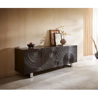 DELIFE Sideboard Ashara 200 cm Esche Dunkelbraun 3D Effekt 4 Türen Kufe Edelstahl gebürstet - Dunkelbraun