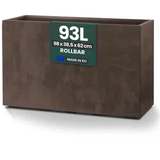 Kreher® XXL Sichtschutz Pflanzkasten hoch 93L - 98x38,5x62 cm - doppelwandig & rollbar, mit Entwässerungsstopfen - wetterfest - Naturstein Optik - in Braun