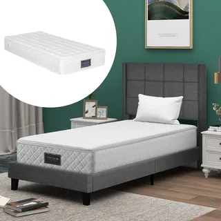 Flieks Polsterbett mit Matratze, Einzelbett Holzbett 90x200cm mit Lattenrost und Kopfteil, Jugendbett 90x200cm mit Matratze, Leinenbezug, Grau - Grau