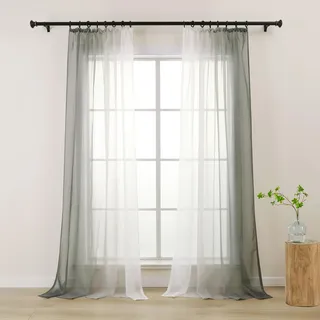 L.Z.E Gardinen mit Kräuselband, Transparente Vorhänge Grau Weiß Farbverlauf für Küche Wohnzimmer Esszimmer Mädchenzimmer, 140 x 145 cm Kurz, 2er Set Voile Gardinenschals für Schiene Schienensystem