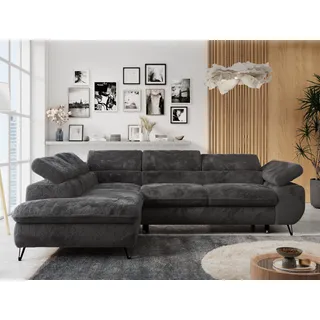 Ecksofa Sofa Anthrazit, Wohnlandschaft L-Form mit Schlaffunktion und Bettkasten, Schlafsofa mit Bettkasten, Sofa mit Einstellbare Kopfstützen, Peter L - Anthrazit Plüsch - Links Anthrazit - Grau