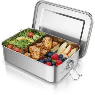 Arendo - Lunchbox Edelstahl – Brotdose 1400 ml – mit Fächern – zwei entnehmbare Trennwände - auslaufsicher dank Silikondichtung - Metall lebensmittelecht - Kinder und Erwachsene