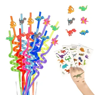 12 Stück Dinosaurier Trinken von Plastikstrohhalmen+4 Temporäre Tätowierungen+1 Reinigungsbürste,Wiederverwendbare Trinkhalme für Geburtstagsparty Zubehör