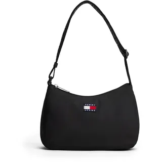 Schultertasche TOMMY JEANS "TJW ESS DAILY SHOULDER BAG", Damen, Gr. B/H/T: 25cm x 18cm x 8cm, schwarz, Textil, Taschen Schultertasche, Damen Tragetasche mit logobedrucktem Riemen