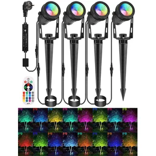 ECOWHO RGB Gartenstrahler mit Fernbedienung und Timer, IP65 Wasserdichte Gartenbeleuchtung mit Strom, 15M RGB Gartenleuchte mit Erdspieß für Garten, Bäume, Wege, Party Teich (4er-Set)