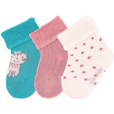 Sterntaler Baby Mädchen Baby Socken Söckchen 3er-Pack Katze Strümpfe - Socken Baby - mit Katze Motiv, uni und Tupfen - helltürkis, 18