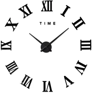 FAS1 Moderne DIY Große Wanduhr Big Armbanduhr Aufkleber 3D Spiegel Aufkleber Römischen Ziffern Wanduhr Home Office Abnehmbarer Dekoration (Akku Nicht Enthalten) Schwarz
