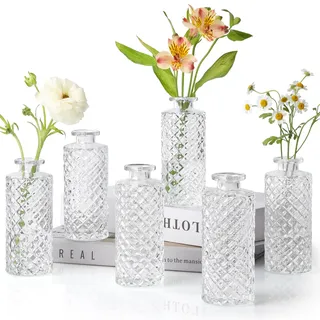 ComSaf Vase Klein Set 6-Teilig, Blumenvase, Vasen Deko Set, Kleine Glasvasen für Tischdeko, Mini Vasen Glas, Hochzeitsdeko, Diamant Knospenvasen, Teelichtgläser, 13cm Hoch, Transparent