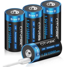 CITYORK Wiederaufladbare D Zelle Batterien, 1,5V 15000mWh USB Li-Ion D Akku Aufladbare mit Typ-C Kabel -4 Stück