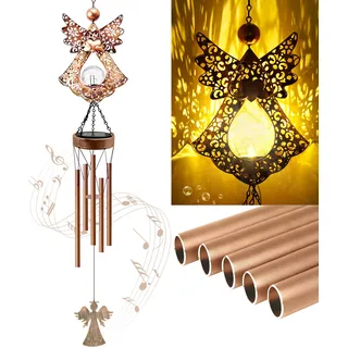 Yeomoo Metall Windspiel Garten mit Solar Engel Deko für Draußen: Windspiele Aufhängung Gartendeko Geschenke für Frauen Mama Geburtstagsgeschenk Glockenspiele für Terrasse Balkon Flur Kupfer