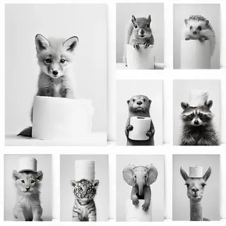 BeiYiHo Bilder Badezimmer Tiere Schwarz Weiß Poster Lustige Tiere Bild Toilette Tier Fuchs 21x30 Wandbild WC Deko Kunstdruck Bad Leinwand Modern