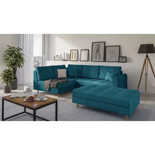 S-STYLE MÖBEL - Ecksofa und Fußhocker mit Holzfüßen im skandinavischen Stil Marco aus Blau Luxusmicrofaser, Ottomane links - B/T/H:231 cm/161 cm/81cm - Blau