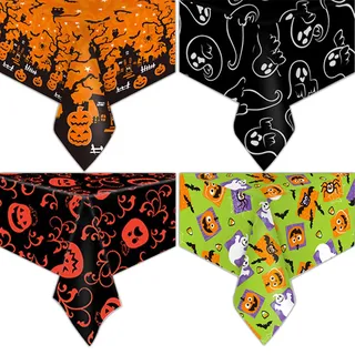 AMJKEJI Halloween Tischdecke, 4 Stück Tischdecken 130 x 220 cm Halloween Party Tischtuch, Rechteckige Tischdecke, Halloween Deko für Garten, Wohnzimmer, Esszimmer, Hotel Esstisc