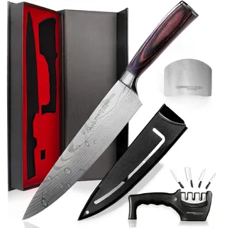 Salqinos Küchenmesser Set - Scharfes Kochmesser aus Edelstahl in Damast-Optik mit Messerschleifer und Fingerschutz - Universalmesser für Gemüse, Obst und Fleisch - in edler Geschenkbox