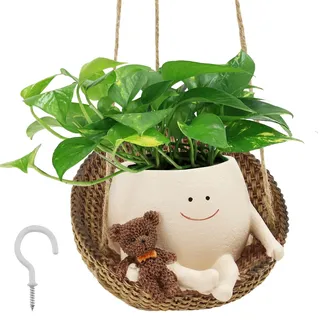 Hängende Blumentopf mit Smiley-Gesicht mit Süßer Bär Verdicktem Hanfseil Ultra Schön Starker Tragfähigkeit lumentöpfe mit Schaukel Gesicht Blumentopf Hangend Blumenampel Hängend für Home Gartendeko