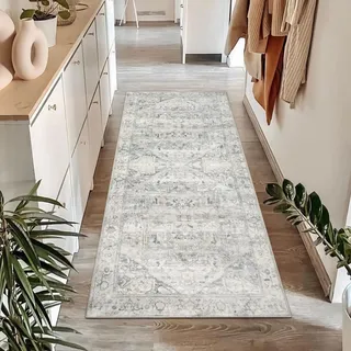 Homcomodar Vintage Flur Runner Teppiche 60x150cm Waschbare Distressed Kitchen Runner Teppiche mit Gummirücken Boden Teppich Runner für Flur Entryway Wäsche Daneben