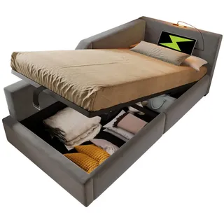 Flieks Tagesbett 90x200cm Schlafsofa hydraulisch Usb-C Leselicht Grau Samt , Holz , 90x200 cm , Schlafzimmer, Betten, Polsterbetten