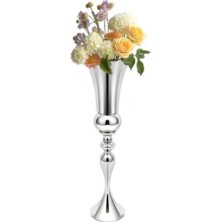 Dekorative Blumenvase - Hohe Tischvase - Maße Ø 20 cm, Höhe 74 cm - Eisen mit Schaumstoff - Für Hochzeits-Tischdeko und Zuhause - Menge 1 Stück - Silber - Silber