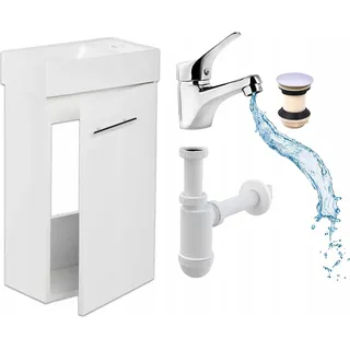 Stamar | Weißer Wandregal, mit Waschbecken, für das Badezimmer, 50 cm, Click-Clack Armatur, Siphon - Weiß