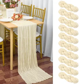10 Stück Seihtuch-Tischläufer Hell Beige, 90 x 300 cm Elfenbein Rustikaler Gaze-Stoff Boho-Tischläufer Käsetuch Cheesecloth Hochzeit Tischdecke für Hochzeitsfeier Brautparty Tischdekoration