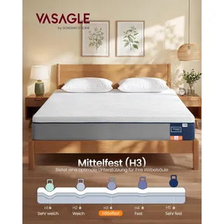 VASAGLE Matratze, 160 x 200 cm, Doppelmatratze aus Gel-Memory-Schaumstoff, mittelfest, H3, 7-Zonen-Unterstützung, atmungsaktiv