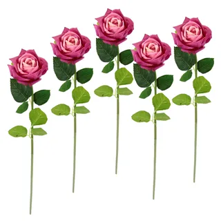 Flair Flower Künstliche Rosen 5er Set Pink Rosa – Deko Blumen künstlich 45 cm – Kunstrosen langstielig für Vase Hochzeit Tischdeko Wohnzimmer Schlafzimmer Restaurant Türkranz Vintage Blumenstrauß