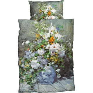 GOEBEL Frühlingsblumen floral Baumwolle blaugrau 155 x 220 cm + 80 x 80 cm