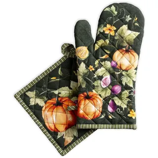 Maison d' Hermine Ofenhandschuh (19cm x 33cm) + Topflappen (20cm x 20cm) aus 100% Baumwolle, hitzebeständiger für Koch, Mikrowelle, Pumpkin Garden - Dark Green – Erntedankfest/Weihnachten