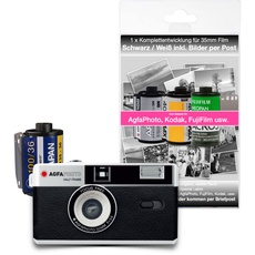 AgfaPhoto analoge 35mm 1/2 Format Foto Kamera im Set mit Schwarz/weiß Negativ Film + Batterie + Negativ + Bildentwicklung per Post