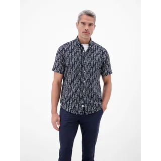 Kurzarmhemd LERROS, Herren, Gr. L, N-Gr, blau (classic navy), Web, Obermaterial: 99% Baumwolle, 1% Elasthan, gemustert, normal hüftbedeckend, Rundhals, Hemden Kurzarmhemd, mit Allover-Print