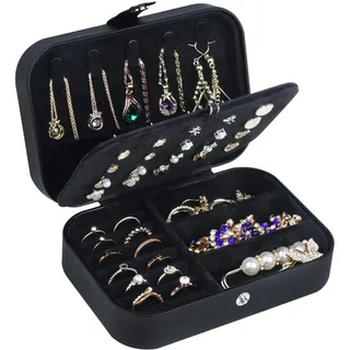 Hatori Reise-Schmuckschatulle, PU-Leder, kleiner Schmuck-Organizer für Damen und Mädchen, tragbare Mini-Reiseetui, Aufbewahrungsboxen für Ohrstecker, Ringe, Halsketten, Armbänder (Schwarz 02)
