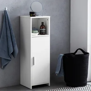 FineBuy Badschrank 30 x 95,5 x 30 cm Weiß Holz mit Tür und Ablagefach Kleiner Bad-Schrank Beistellschrank Stehend Badregal Schmal Freistehend - Weiß