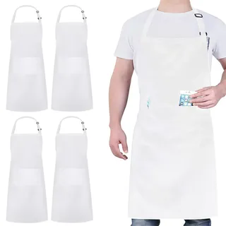 atopo 4 Köche Schürze, Schürze für Männer Frauen, Wasserdichte Schürze mit 2 Taschen, Verstellbarem Nackenband Schürze für Küche Kochen Backen Garten BBQ (Weiß)