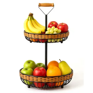 LEEJARD 2-stöckiger Obstkorb aus Synthetic Rattan mit abnehmbarer Obstschale, die auch separat verwendet werden kann (Schwarz, H:45 Dm:29 cm | 2-Stöckiger) (Schwarz + Rattan Gelb)