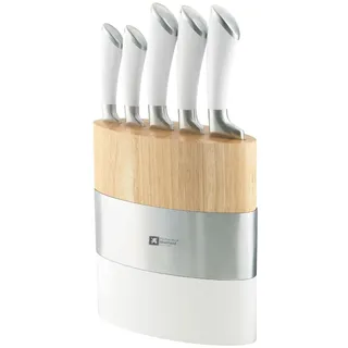 Richardson Sheffield FUSION Messerblock, Holz, inkl. 5-teiliges Messer-Set, Küchenmesser, Allzweckmesser, Kochmesser, Fleischmesser & Brotmesser, ergnomomischer Griff, edles Design, Weiß/Braun